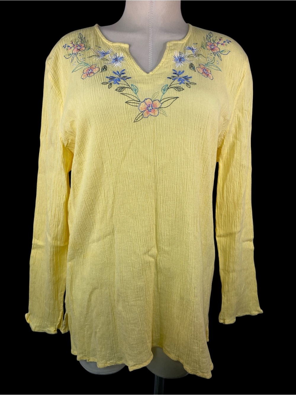 Denim & Co Yellow Embroidered V-Neck Long Sleeve Top Women’s XL